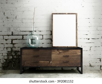 Empty Frame Mockup Hang On Industrial Table With White Dirty Brick Interior