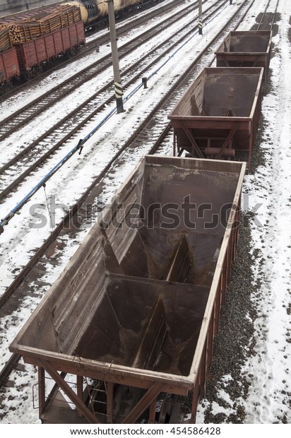 Empty freight\
wagons on the railroad in\
winter