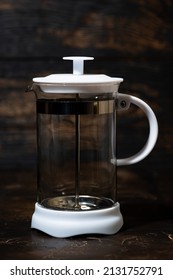 Empty French Press For Brewing Tea And Coffee, Closeup