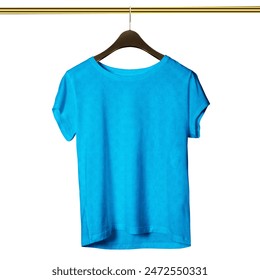 An empty, Front View Pretty Girl T Shirt Mockup In Peacock Blue Color With Hanger, to help your design easier and more beautiful.: stockfoto