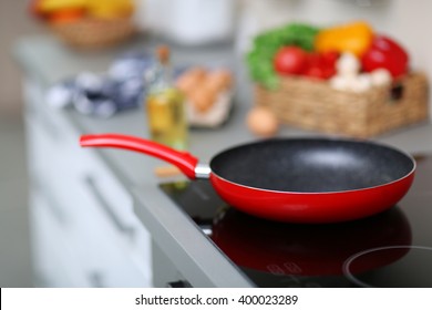 Empty Frying Pan On Stove, Closeup