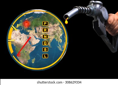 Empty Fuel Guage As Globe With Hand Holding Fuel Nozzle Pumping A Fuel Elements Of This Image Are Furnished By NASA