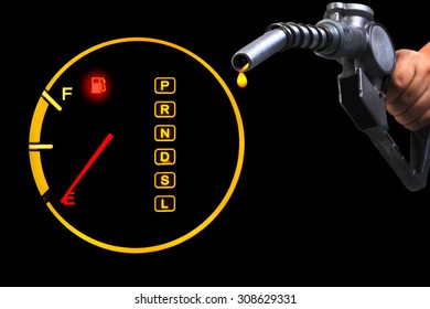 Empty Fuel Guage With Hand Holding Fuel Nozzle Pumping A Fuel