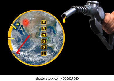 Empty Fuel Guage On Globe With Hand Holding Fuel Nozzle Pumping A Fuel Elements Of This Image Are Furnished By NASA 