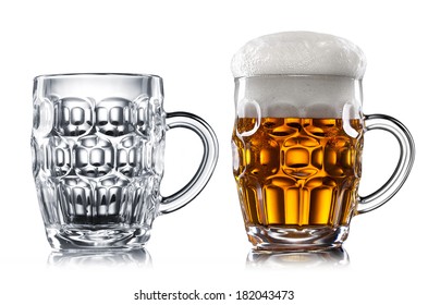 Empty and full beer in glass isolated on white