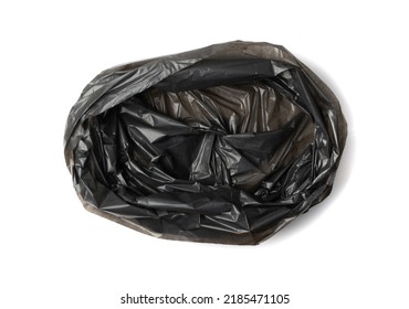 Empty Garbage Bag Isolated. Trash Package Top View, New Plastic Bin Bags, Black Polyethylene Waste Container On White Background