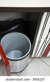 Empty Garbage Can On New And Modern Kitchen