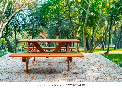 Empty Garden Bench Table On The Stone Floor