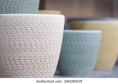 Empty Garden Pots In A Row Close Up