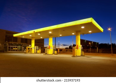 Empty Gas Station With Blue Night Sky In Vuosaari, Finland