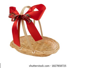 Empty Gift Basket With Red Ribbon Bow For Christmas