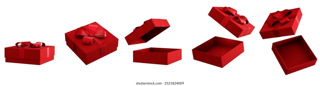 Empty gift box with red ribbon isolated on white background. Christmas wrapped present collection for holiday sale shop design element.