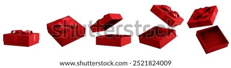 Empty gift box with red ribbon isolated on white background. Christmas wrapped present collection for holiday sale shop design element.