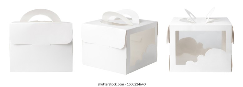 Empty Gift Packaging Box With Handle Mockup For Cake. Isolated On White Background.