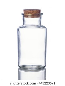 Empty glass bottle with cork isolated on white background