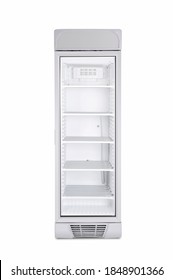 Empty Glass Door Fridge Isolated White Background.