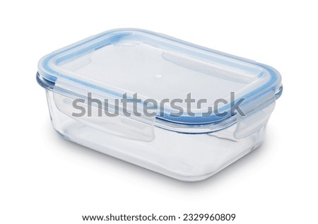 Empty glass food container with plastic lid isolated on white