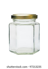 An Empty Glass Jar With Metal Lid Isolated On White Background