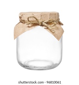 Empty Glass Jar With Packaging Paper And Rope Isolated On White Background