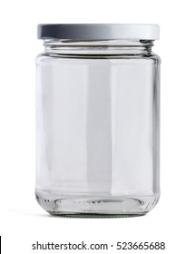Empty glass jar and white cap in front view isolated on white background. Clipping path. - Shutterstock ID 523665688