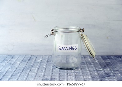 Empty Glass Money Jar With Savings Label, Financial Concept.