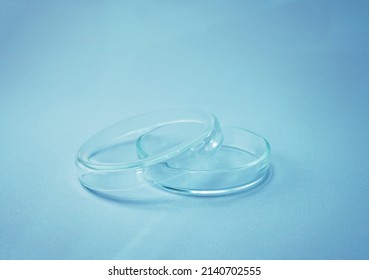 Empty glass plate petri.Petri dish for biological research.Isolated on blue background. Laboratory tests and research. Chemistry science or medical biology experiment.Growing colonies in a petri dish