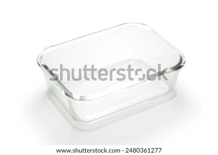 Empty glass rectangular food container on white background