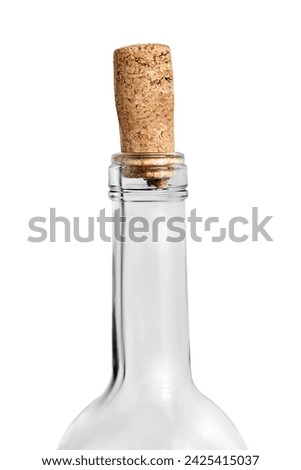 Empty glass transparent bottleneck with a cork closeup isolated over white