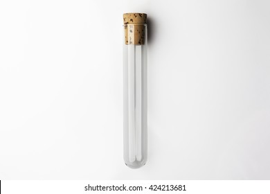 Empty Glass Transparent Test Tube Closed With Cork On White Background