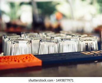 Empty glasses next to counter