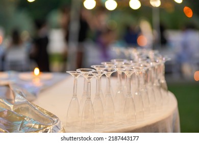 Empty Glasses On The Festive Buffet Table. Blurred Background
