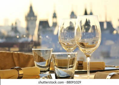 Empty Glasses In Restaurant Gold Prague