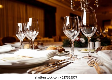 Empty glasses in restaurant. Table setting for celebration