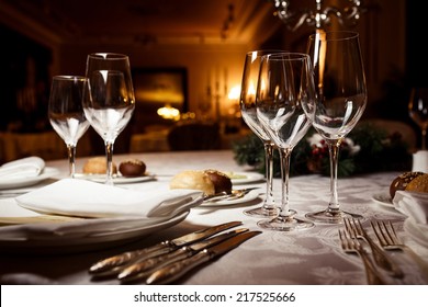 Empty Glasses In Restaurant. Table Setting For Celebration