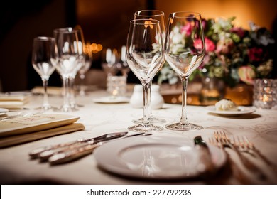 Empty glasses in restaurant. Table setting for celebration