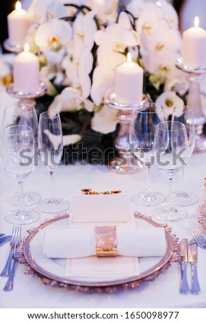 Empty glasses in restaurant. Table setting for celebration