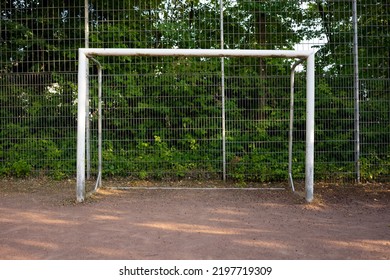 Empty Goal On A Soccer Field. No Players. No People. 