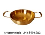 Empty Golden Pan or Brass Pan with handles isolated on white background with clipping path. Empty Korean Gold Noodle Ramen Pot. Mock up template for food poster design.