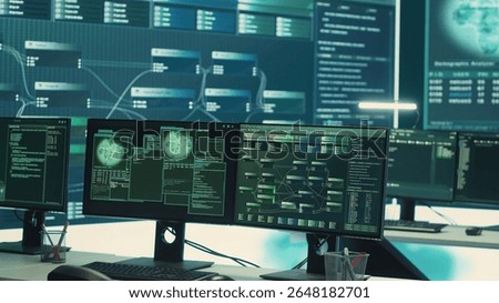 Empty governmental hacking and surveillance room with computers and network displays. Focus on cyber security monitoring, threat detection and cyber operations. Espionage agency. Camera A.