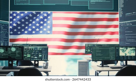 Empty governmental surveillance room shows an American flag, cybersecurity and data protection. High tech operations center focusing on threat and malware detection, security protocols. Camera B.