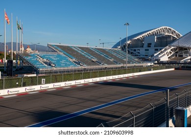 The Empty Grandstand Of The Formula 1 Track Against The Blue Sky. Russia, Sochi November 2021. Lack Of Spectators During The Pandemic.