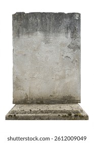 Empty gravestone - gray stone wall displays a surface with wear, including stains and unevenness. Natural weathering gives it a aged appearance, for various contexts. Isolated tombstone, copy space