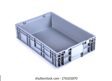 Empty Gray Plastic Box Crate, Isolated On White.