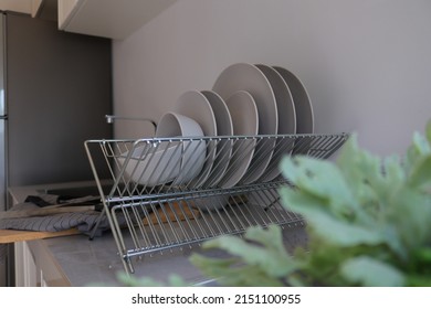 Empty Gray Plate And Bowl On Dish Ware In Kitchen Room. Crockery On Pantry Shelf Or Built In Counter For Modern Decoration House. Interior Design For Living Website, Real Estate, Property, Developer.