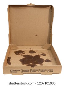 Empty greasy pizza box with lid open. Isolated.