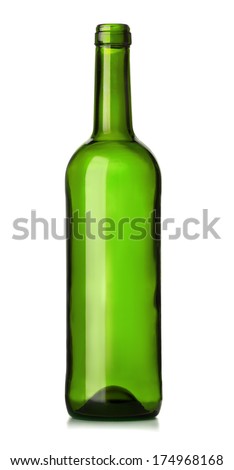 Empty green glass wine bottle isolated on white