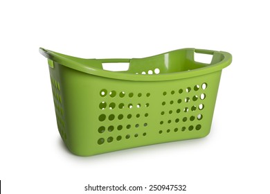 Empty Green Laundry Basket Isolate On White Background