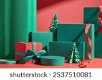 Empty green round platforms for displaying products, are placed next to green rectangular podiums, decorated with paper Christmas trees, red gift boxes, and red ribbons on a bright red background.