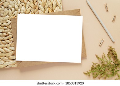 Empty Greeting Card Mockup, Horizontal Invitation Template, Boho Style Wedding Stationery, Blank Card Mock-up With Brown Envelope.