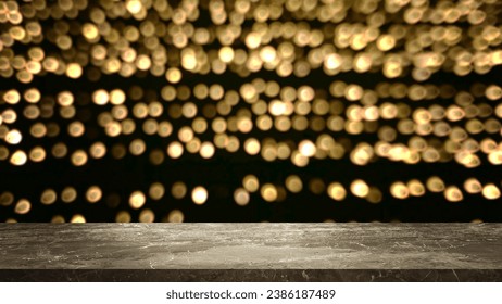 empty grey marble tabletop with yellow light bokeh background for product displayed in festive mood and tone. luxury background for product stand with empty copy space for party, promotion.
